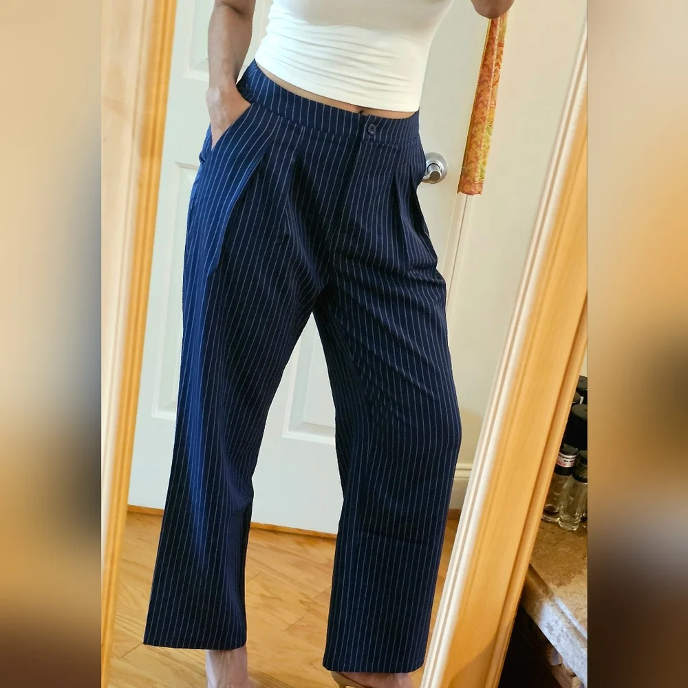 Commense Navy Pinstripe Pleated Wide-Leg Pants NWT Size Large-mango-zara-H&M - Picture 5 of 6